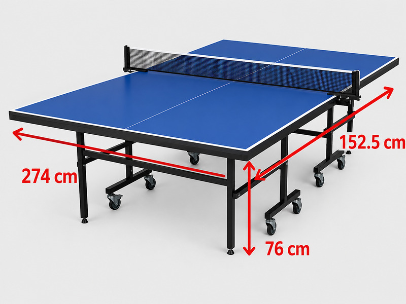 Bàn bóng bàn tiêu chuẩn có kích thước 2,74 m x 1,525 m x 76 cm, kết hợp với lưới cao 15,25 cm.