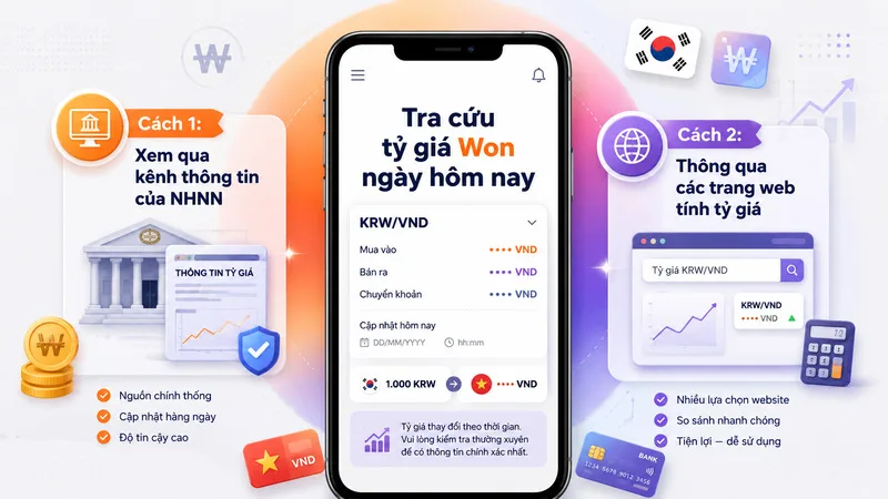 Nên xem tỷ giá Won trên website ngân hàng, ứng dụng ngân hàng số hoặc nguồn tài chính có thời gian cập nhật rõ ràng.