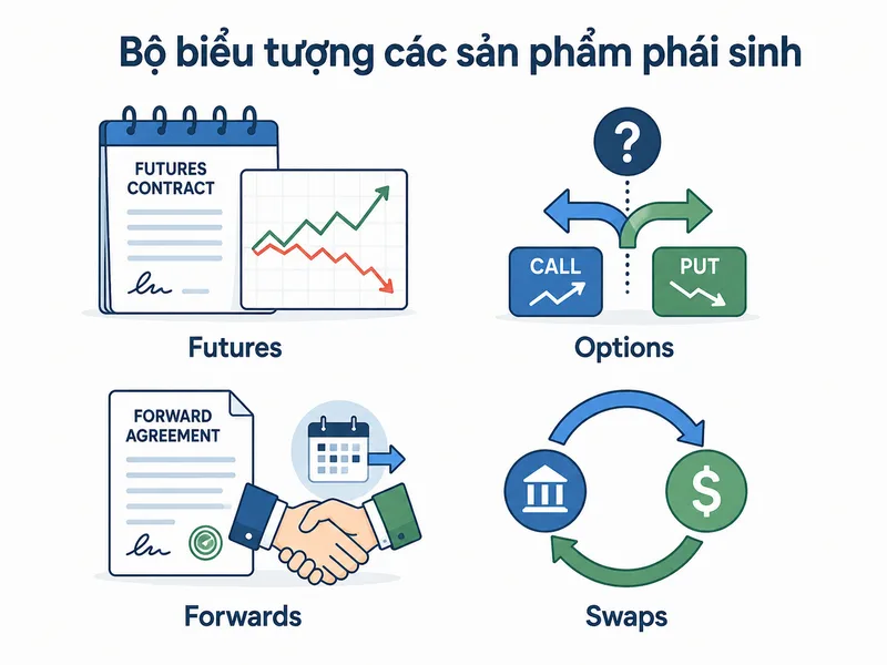 Thị trường phái sinh gồm nhiều sản phẩm như hợp đồng tương lai, quyền chọn, kỳ hạn và hoán đổi.