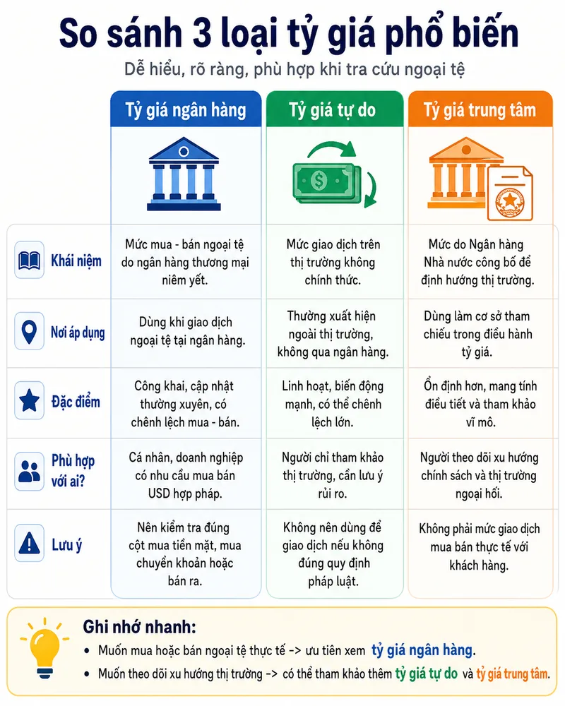 Tỷ giá ngân hàng, tỷ giá tự do và tỷ giá trung tâm là các khái niệm khác nhau, người dùng cần hiểu đúng trước khi tham khảo.