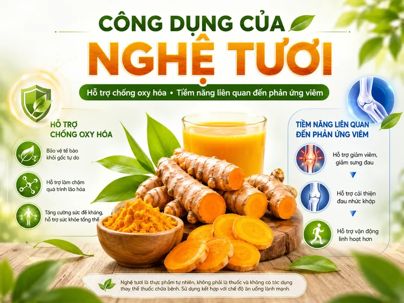 Công dụng của nghệ tươi thường được quan tâm ở khả năng chống oxy hóa và những tác động tiềm năng liên quan đến phản ứng viêm của cơ thể.