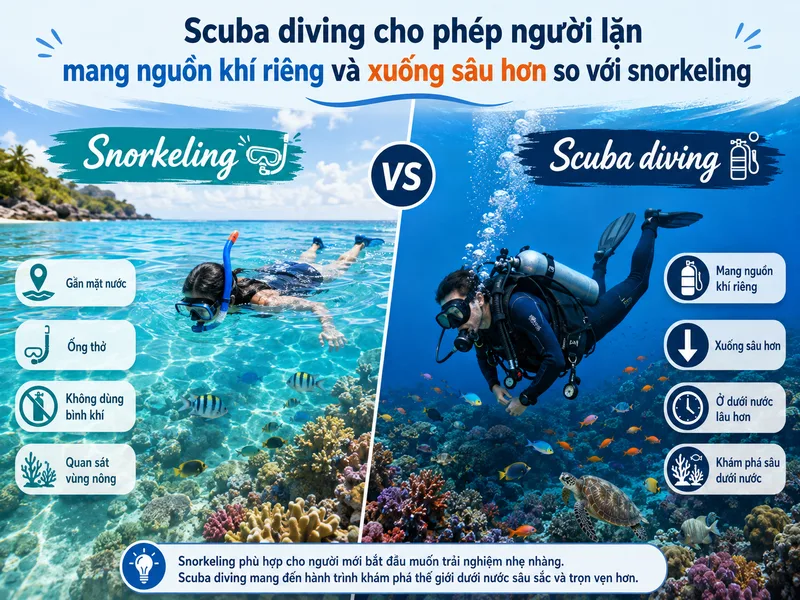 Scuba diving cho phép người lặn mang nguồn khí riêng và xuống sâu hơn so với snorkeling