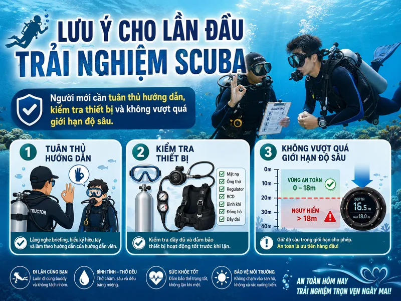 Người mới cần tuân thủ hướng dẫn, kiểm tra thiết bị và không vượt quá giới hạn độ sâu khi trải nghiệm scuba lần đầu