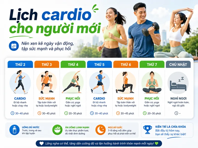 Lịch cardio cho người mới nên xen kẽ ngày vận động, tập sức mạnh và phục hồi