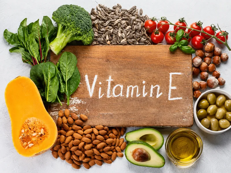 Hạt hướng dương, hạnh nhân, quả bơ và rau xanh là những thực phẩm giàu vitamin E.